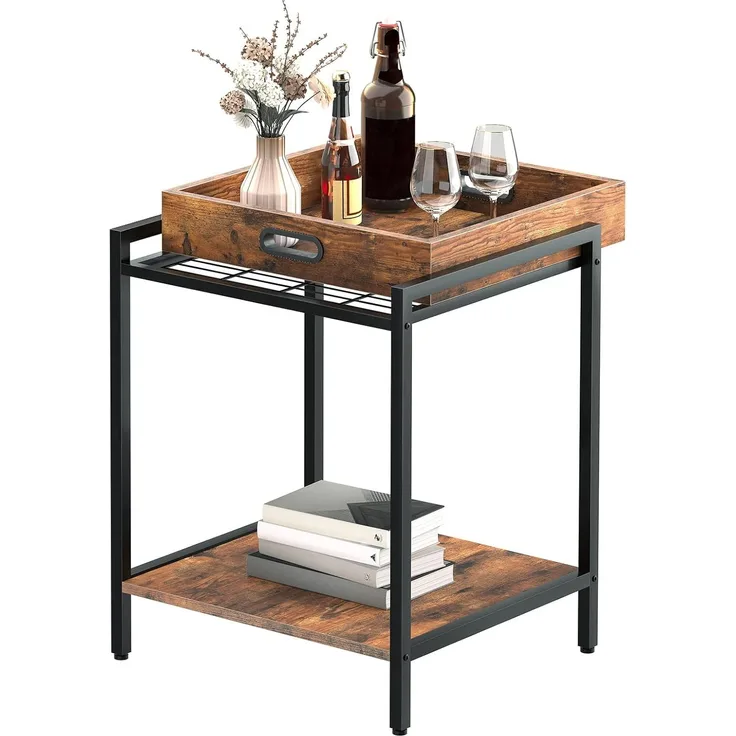 HOOBRO Beistelltisch, Sofatisch mit herausnehmbarem Tablett, Nachttisch mit offenen Regalen, Snack-Tablett-Tisch, Industriestil, Schlafzimmer, Wohnzimmer, Stabil, Einfach montierbar, Vintage EBF45BZ01
