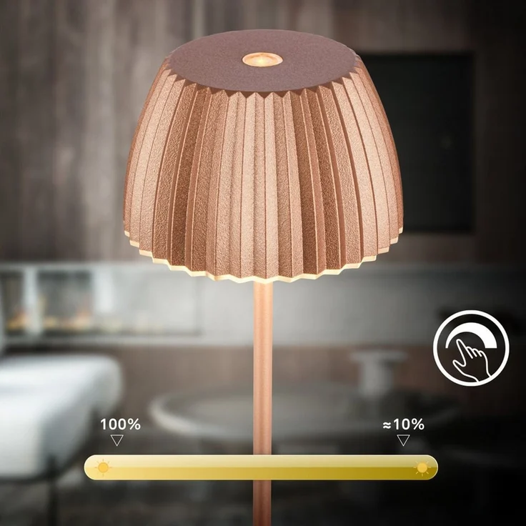 BRILONER - Riffle Mini LED Tischlampe kabellos IP44 mit Lichtkante, 8,5x20 cm, Touchdimmer, Akku tauschbar, Nachttischlampe, LED Lampe, Akku Lampe, German Design Award Winner 2025, Kupferfarbig – Bild 4
