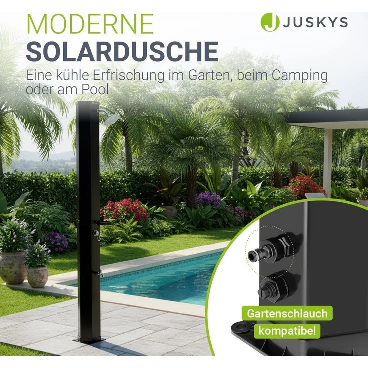 Juskys Solardusche Victoria 60 Liter - 217 cm - bis 60°C – mit schwenkbarem Duschkopf, Fußdusche & Gartenschlauch Anschluss Gartendusche Außendusche – Bild 2
