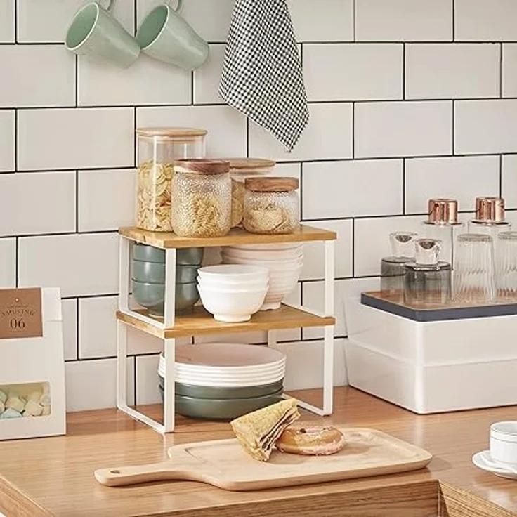 Songmics Gewürzregal, 2er Set, Küchenregal, Küchen-Organizer, erweiterbar, Gewürzhalter, stapelbar, aus Metall und Holzwerkstoff, weiß-naturfarben – Bild 4
