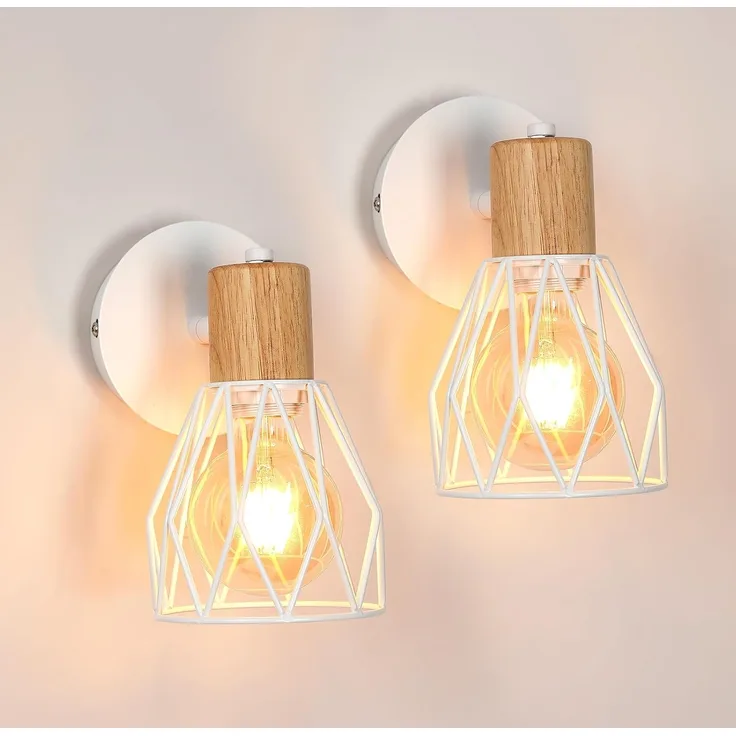 Comely Weiße Holz & Metall-Käfig Wandleuchte - 2er Set, 14,5 x 12 x 18 cm, E27, Landhausdesign, ohne Leuchtmittel
