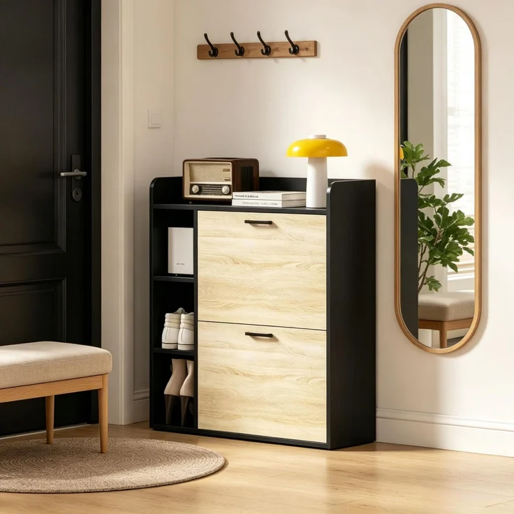 Schuhschrank 83x24x90,5 cm mit 2 Kippladen und Seitenfächern, Schwarz/Naturholzoptik – Bild 3