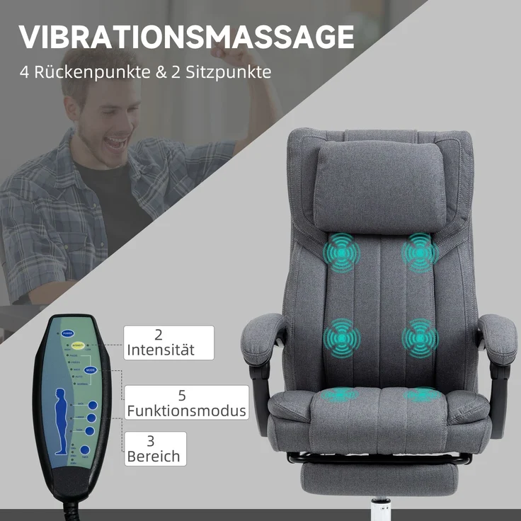 MELAYR, Bürostuhl mit Massagefunktion, neigbare Rücklehne, ausziehbare Fußstütze, Leinenoptik, grau, 65 x 61 x 118 cm – Bild 6