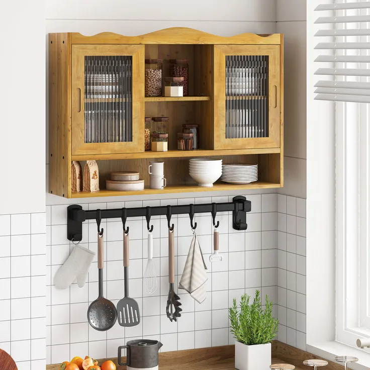 Wandschrank aus Massivholz mit Schiebetüren, Wandregal mit Stauraum,Aufbewahrungsschrank mit herausnehmbaren Böden,Natur