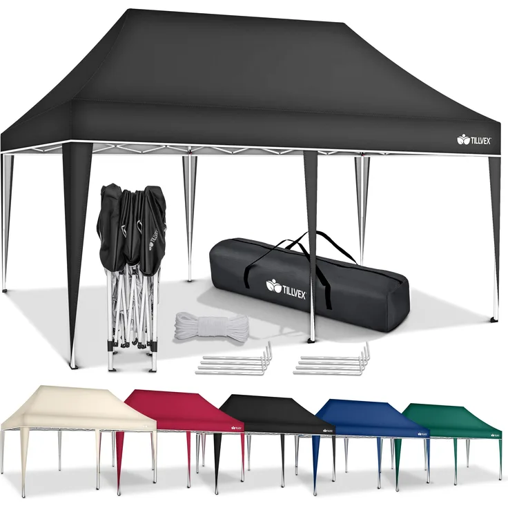 tillvex Pavillon 3x6m - mit 3 Seitenwänden Schwarz wasserdicht | Pop-Up Faltpavillon höhenverstellbar | Gartenzelt UV Schutz 50+ | Partyzelt mit Tasche für Garten