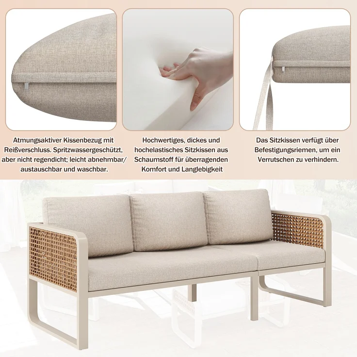 Merax Gartenlounge-Set für 6-7 Personen, PE-Rattan Sitzgruppe inkl. Beistelltisch, Gartensofa mit waschbaren Kissen, Beige – Bild 6