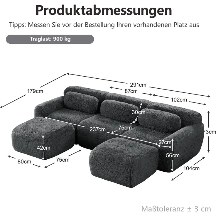 DESVIAE Sofa modular aus Plüschstoff Grau, rahmenlos mit rutschfester Basis, 291 x 179 x 73 cm – Bild 10