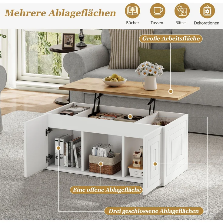 Couchtisch 46 x 95 x 45 cm, mit Höhenverstellung, in Holzoptik, Konstruktion aus Spanplatte, Weiß / Naturfarben – Bild 5
