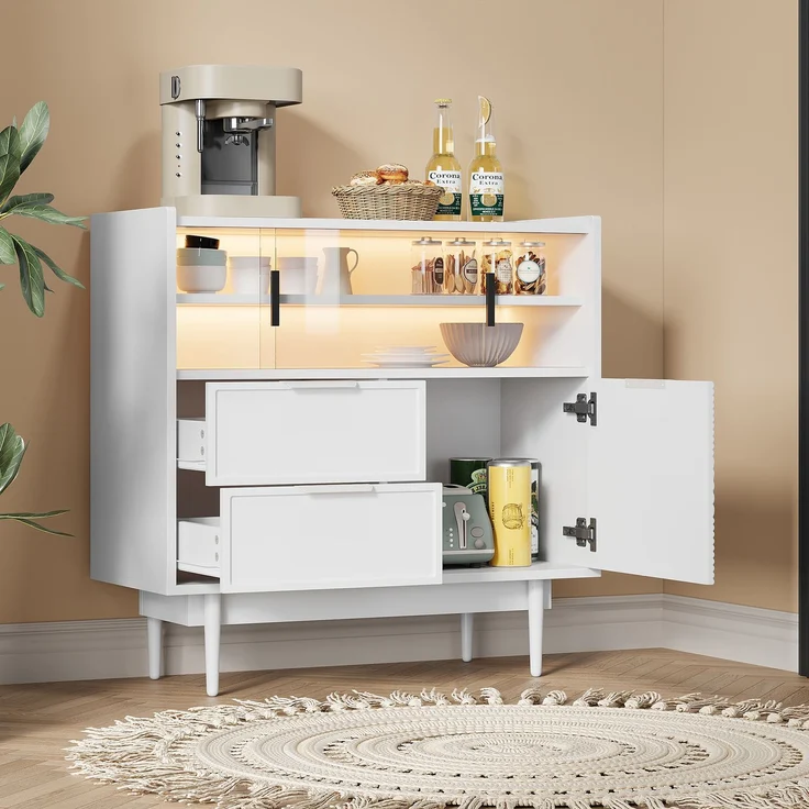 Merax Sideboard, Ablageschrank, Badezimmerschrank, Sideboard mit Lichtleiste, Weiß – Bild 2