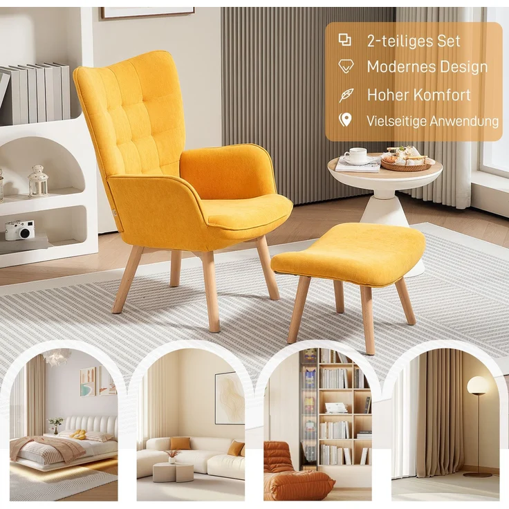 Ohrensessel mit Hocker, Relaxsessel, Polstersessel in Kordoptik, Loungesessel, Armlehnstuhl mit Holzbeine, Fernsehsessel für Wohnzimmer, Orange--Orange--72x80x101cm--YOUDENOVA – Bild 6