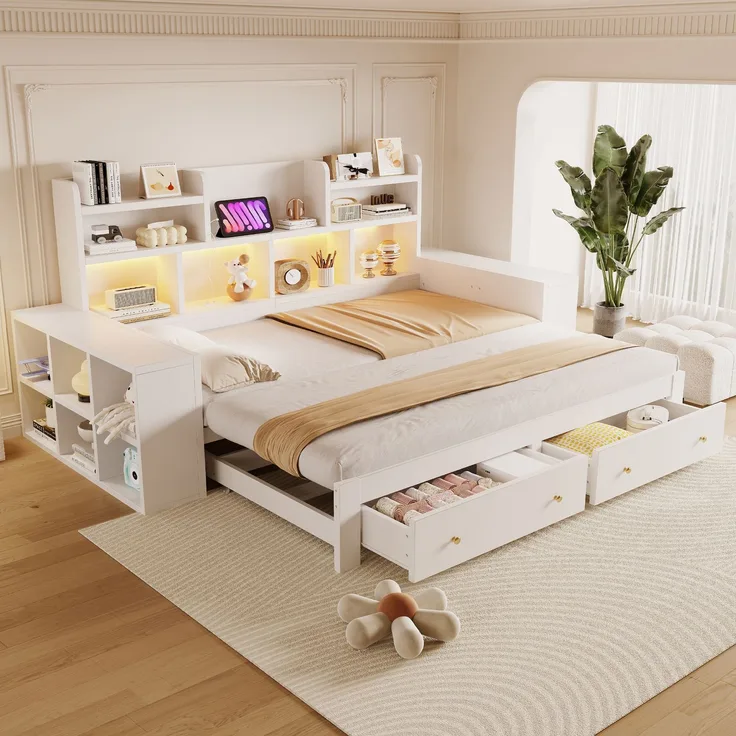 Abrihome Ausziehbares Schlafsofa aus Holz, Weiß, 90/180x200 cm, Stauraum, LED, Steckdose