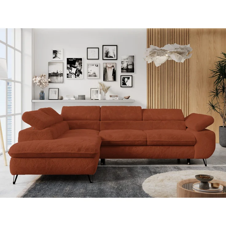 Ecksofa mit Bettfunktion, Modern Sofa, L-form, Einstellbare Kopfstützen, Bettkasten - PETER - Orange Plüsch - Topper T25 - links – Bild 1