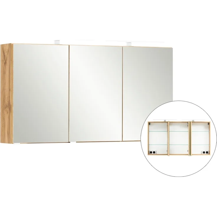 Badezimmer 3D-Spiegelschrank 120 cm breit VIDAGO-03 in Wotan Eiche Nb. mit LED Beleuchtung, B/H/T: ca. 120/64/20 cm
