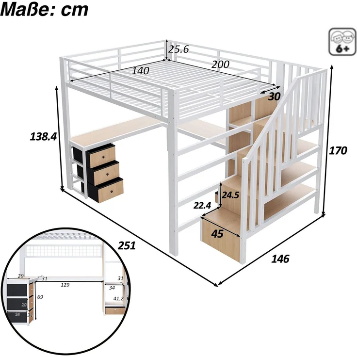 Hochbett mit RGB LED-Streifen, Eckschreibtisch, Treppe, Regal, Lattenrost, Wandgitter und 4 Schubladen, 140x200 cm, Kinderbett mit Rausfallschutz, Metallbett – Bild 6