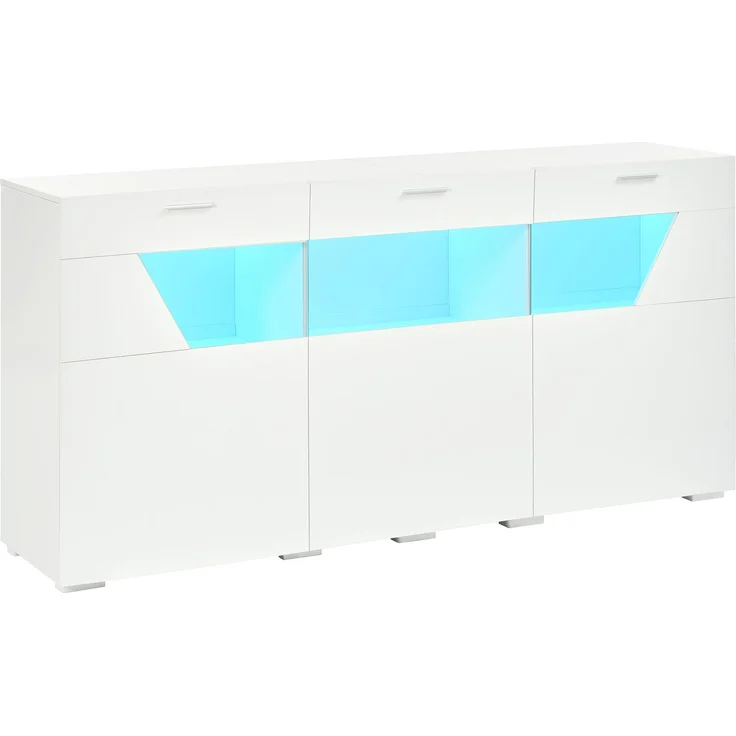 ZUBALIYA Sideboard 160x38x78 cm, mit LED-Beleuchtung, Hochglanz, mit 3 Türen, aus Spanplatte, Weiß – Bild 22