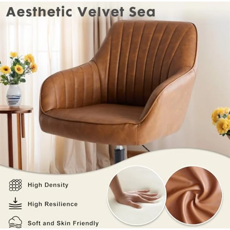 DUMOS Schreibtischstuhl Ohne Rollen, Bürostuhl Vintage PU Stoff, Höhenverstellbar Schminktisch Stuhl, Drehstuhl Kinder, Bis 135 kg Belastbar Desk Chair, für Arbeitszimmer, Schlafzimmer, Braun – Bild 4