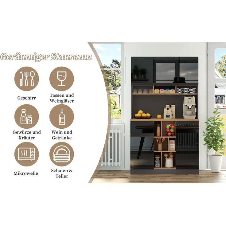 105×45×185cm,moderner Küchenschrank,Buffet,Sideboard,Grau und Schwarz,Metallgriffe,verstellbare Regale,Schubladen,offener Stauraum,Kippschutzzubehör,geeignet für Küche,Wohnzimmer und Schlafzimmer--Schwarz + Natur--105x45x185cm--YOUDENOVA – Bild 7