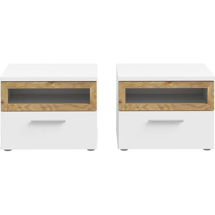 Nachtkommode >MAYACUS< 2er Set, 1 Schublade, 1 Fach, weiß, Eiche Dekor - 52x40,8x41,3cm BxHxT
