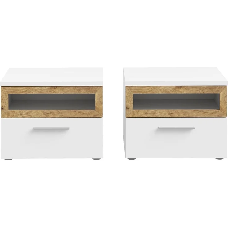 Nachtkommode >MAYACUS< 2er Set, 1 Schublade, 1 Fach, weiß, Eiche Dekor - 52x40,8x41,3cm BxHxT – Bild 1