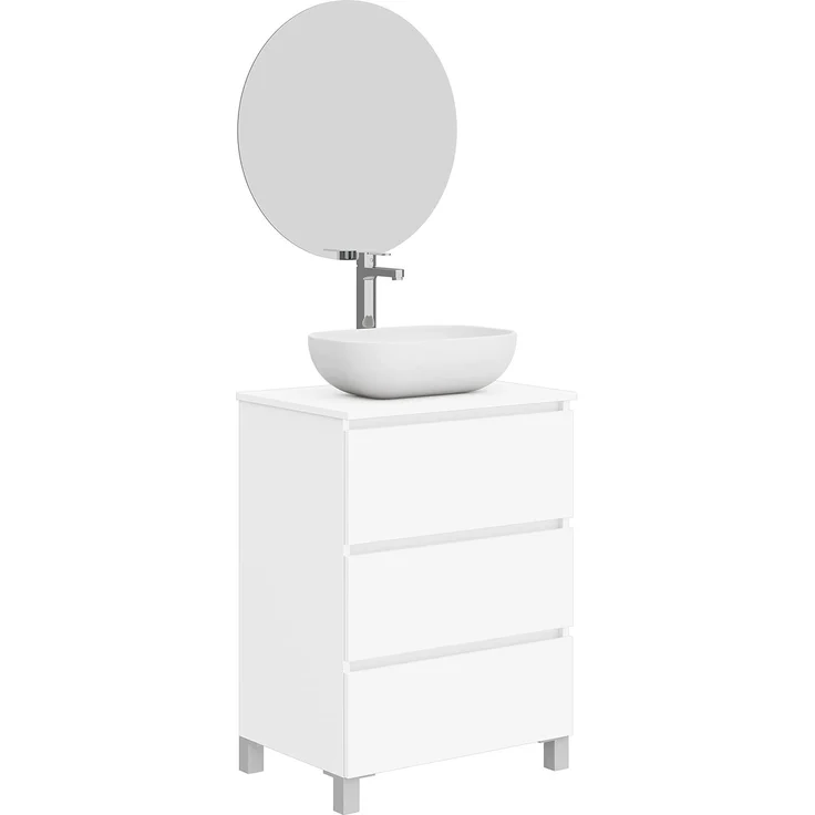 Baikal Neo Badezimmermöbel-Set mit glattem Mondspiegel, DREI Schubladen oder Zwei Türen, Möbel mit Beinen, Verschiedene Ausführungen und Maße, Melamin, 16 mm, montiertes Möbelstück. – Bild 1