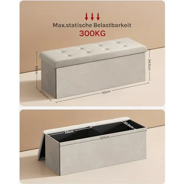 WOLTU Sitzhocker mit Stauraum Sitzbank faltbar Truhen Aufbewahrungsbox, Deckel abnehmbar, Gepolsterte Sitzfläche aus Samt, 110 x 37,5 x 38 cm, Cremeweiß, SH73cm – Bild 4