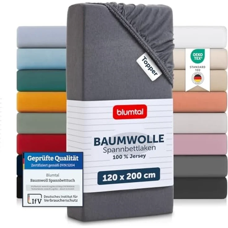 Blumtal® Baumwolle Spannbettlaken für Topper 120x200 cm Basics Jersey - Bettlaken 120x200 cm - Oeko-TEX zertifiziertes Spannbetttuch 120x200 cm - Topper Spannbettlaken - Betttuch - Grau – Bild 1