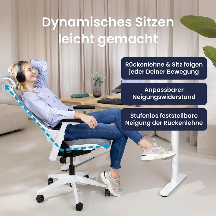 Ergotopia 'NextBack' ergonomischer Bürostuhl mit integrierter Lordosenstütze, 3D Armlehnen & verstellbarer Kopfstütze, Grau / Weiß – Bild 3