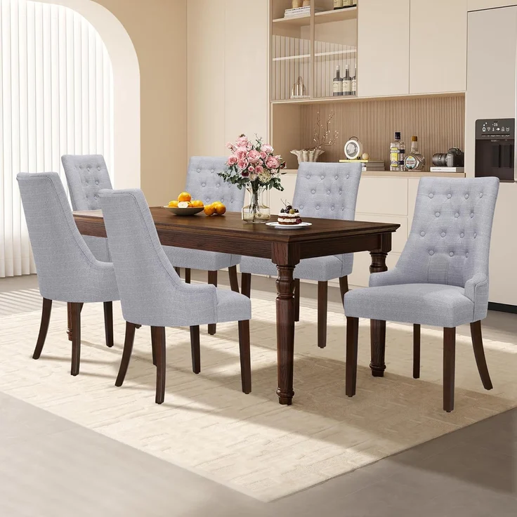 COLAMY Esszimmerstühle 6er Set, Moderne Küchenstuhl Gepolsterte Esszimmerstühle im Wingback, Polsterstuhl Wohnzimmerstuhl mit Knopfsteppung für Esszimmer, Küche, Restaurant mit Holzbeinen, Hellgrau – Bild 1