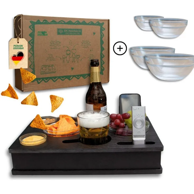 PEGSEN Servierplatte All in One Couchbar Sofatablett mit 4 Snackschalen, Birkenholz, (Set, 5-tlg, abnehmbarer Deckel, mit 4 lebensmittelechten Glasschalen), passend für Kaffeetassen, Weingläser, 0,5L Bierflaschen