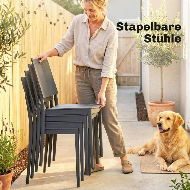 Gartenmöbel Set Sitzgruppe 5-teilig Breiter Tisch mit 4 Stapelstühlen Lamelldesign für 4 Personen – Bild 6