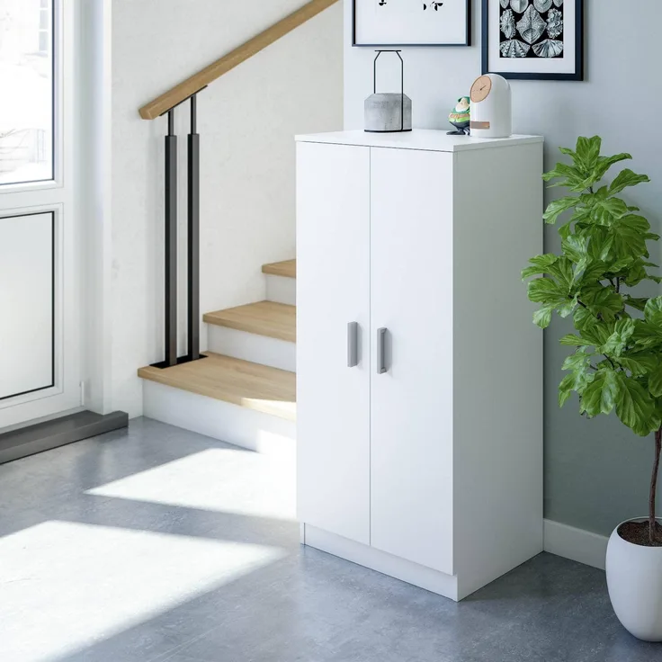 Dmora - Mehrzweck-Kabinett Corona, Beistellschrank mit 2 Türen, Niedriger Schuhschrank mit 6 Einlegeböden, Modernes Schuhregal, cm 55x36h108, Weiß
