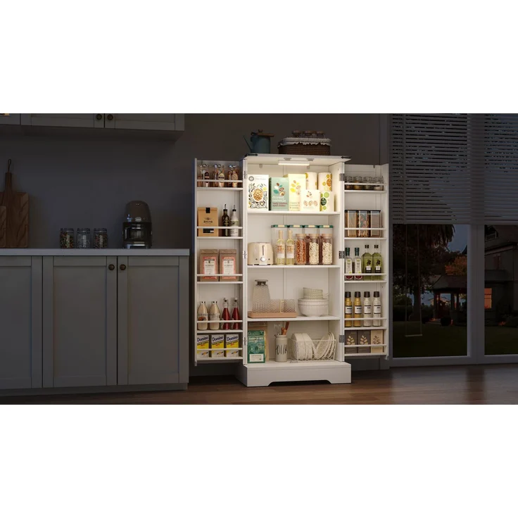 EINHOM 128, 5 cm großer Küchenschrank, Bauernhaus-Aufbewahrungsschrank – LED-Speiseschrank mit 2 Flügeltüren und verstellbaren Regalen für kleine Räume im Esszimmer oder Wohnzimmer, Weiße Tiefdruckstruktur – Bild 4