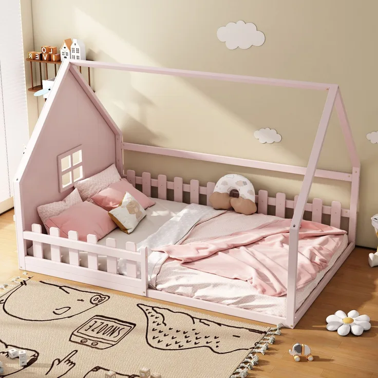 Hausbett mit Lattenrost und Rausfallschutz, 140x200 cm, Kinderbett, Kiefer