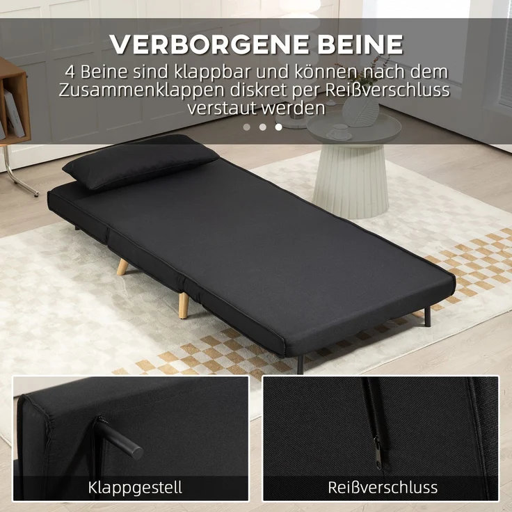 HOMCOM Relaxsessel mit Bettfunktion, verstellbare Rückenlehne, Leinenimitat, Tannenholz, Schwarz, 94 x 78 x 80 cm – Bild 6