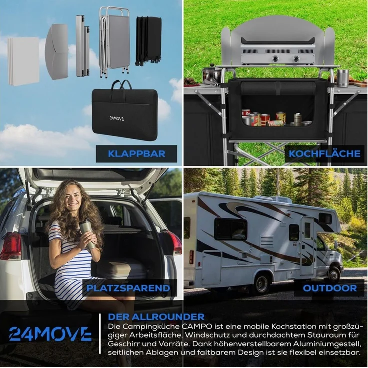 24Move Campingschrank Campingküche CAMPO Alu Outdoorküche (faltbar, inkl. Windschutz und Tragetasche) mit Arbeitsplatte und Staufächern – Bild 3
