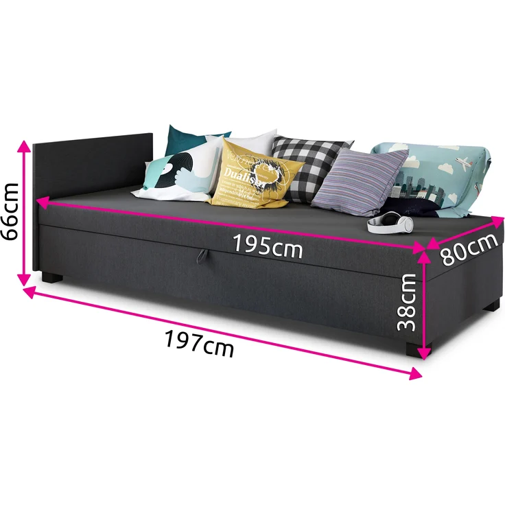 Sofa Misti II - Einzelbett, Schlafsofa mit Bettkasten, Bettsofa, Farbauswahl, Bettgestell, Komfortbett, Bett für Jugendzimmer, Schlafmöbel (Grau (Lux 05)) – Bild 5