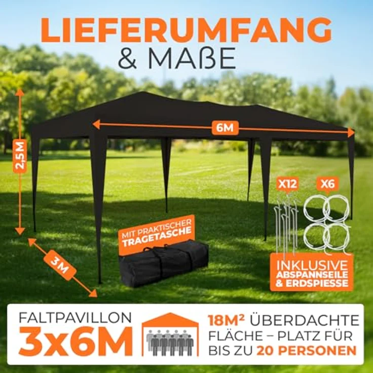 Kronenburg Faltpavillon wasserdicht Pavillon, Gartenzelt, 3x6 m - mit UV Schutz 50+, Schwarz – Bild 3