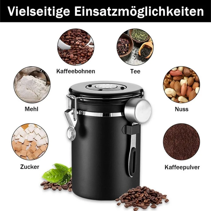 AKKEE Kaffeedose Edelstahl Luftdicht Kaffeebohnen Vorratsdose Mit Löffel 1.5/1.8L, Luftdichte Kaffeebehälter – Bild 2