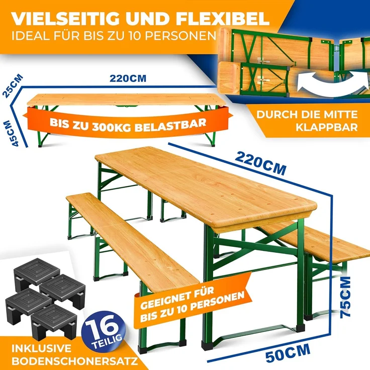 KESSER® Bierzeltgarnitur, 3 teilig, Klappbar, 2x Bierbänke 1x Biertisch 16-teiliges Bodenschoner-Set, Holz Natur, 220 x 50 x 77 cm – Bild 2
