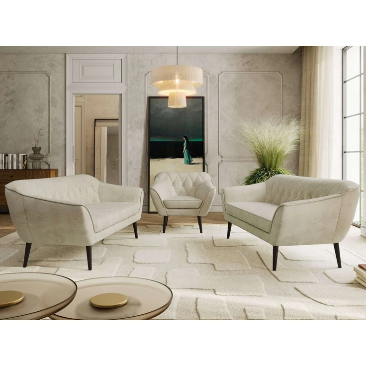 Wohnzimmerset, Möbelset PIRS 3-3-1, Armlehnen, Wellenfederung, schwarze Füße, Dreisitzer Sofas mit Sessel, Polstermöbel Set - Beige Velvet – Bild 3