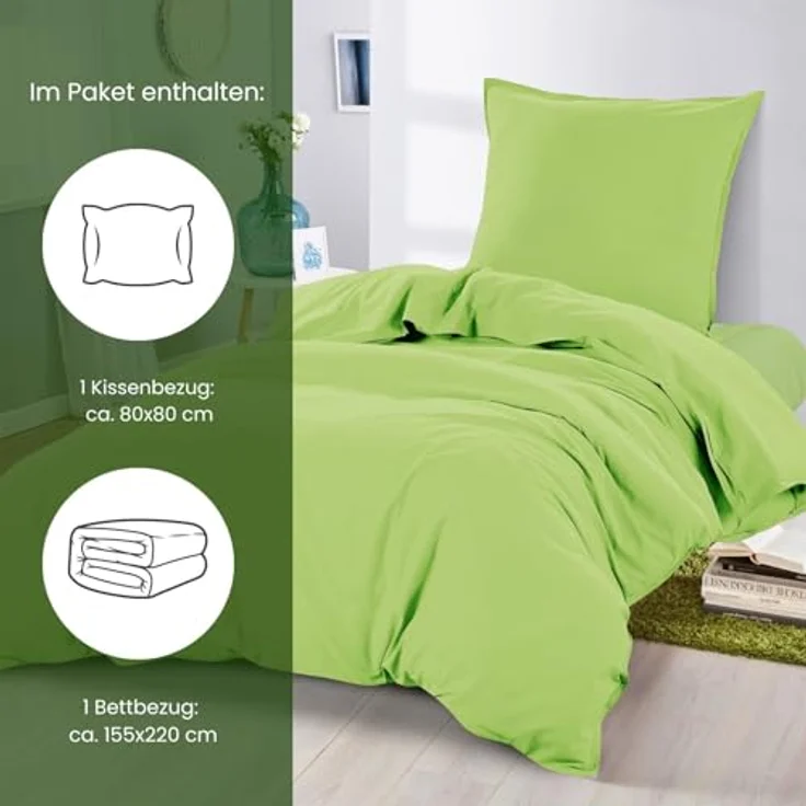 wometo Renforce-Bettwäsche Set, Hellgrün, 155x220 cm, Oeko-Tex® zertifiziert, Waschmaschine bis 60°C, Reißverschluss – Bild 2