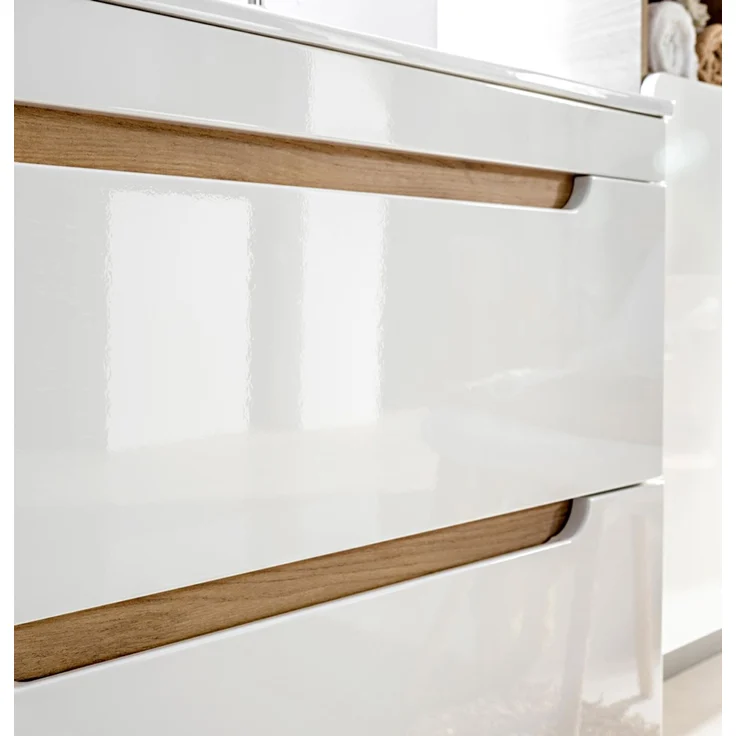 Badmöbel Set in Hochglanz weiß mit Wotan Eiche Nb. LUTON-56 mit LED-Spiegelschrank, B/H/T ca. 130/200/46 cm – Bild 5