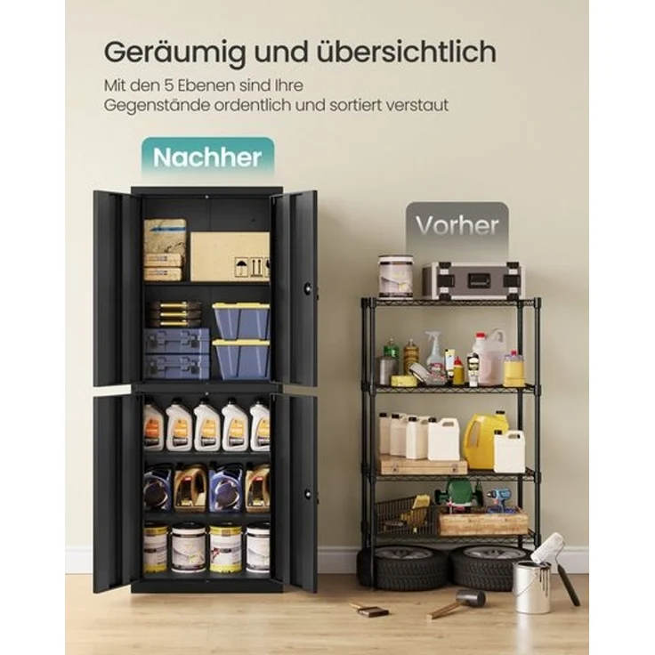 SONGMICS Aktenschrank, Mehrzweckschrank, Büroschrank, mit 4 Türen und 5 Ebenen, 40 x 60 x 180 cm, 2 Schlösser, verstellbare Ablagen, Aufbewahrungsschrank aus Stahl, mattschwarz – Bild 3