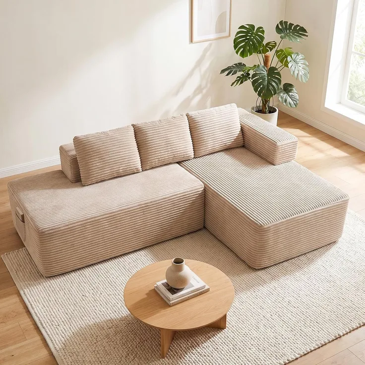 COMHOMA Ecksofa mit Schlaffunktion, 228cm Corduroy Modulares Boneless Couch mit Chaiselongue & Rücken-Metallgestell, L-Form Schlafsofa mit offenem Design, Kissen & Seitentaschen,für Wohnzimmer, Beige-L