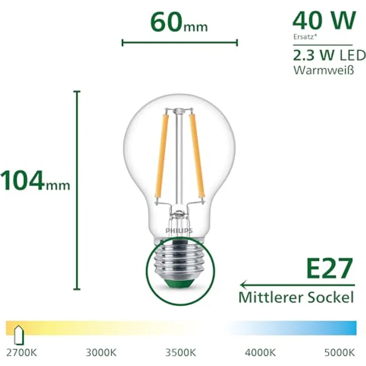 Philips Ultra Efficient LED Glühbirne, Energieeffizienzklasse A, mit E27 Sockel, 40 W, klar, warmweiß 2700 K, 6er Pack, Weiß – Bild 4