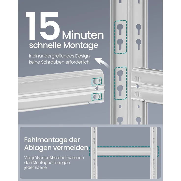 SONGMICS Schwerlastregal, Kellerregal, 50 x 100 x 200 cm, bis 875 kg belastbar, einfache Montage, Lagerregal, verstellbare Ablagen, Lagerregal, silbern – Bild 4
