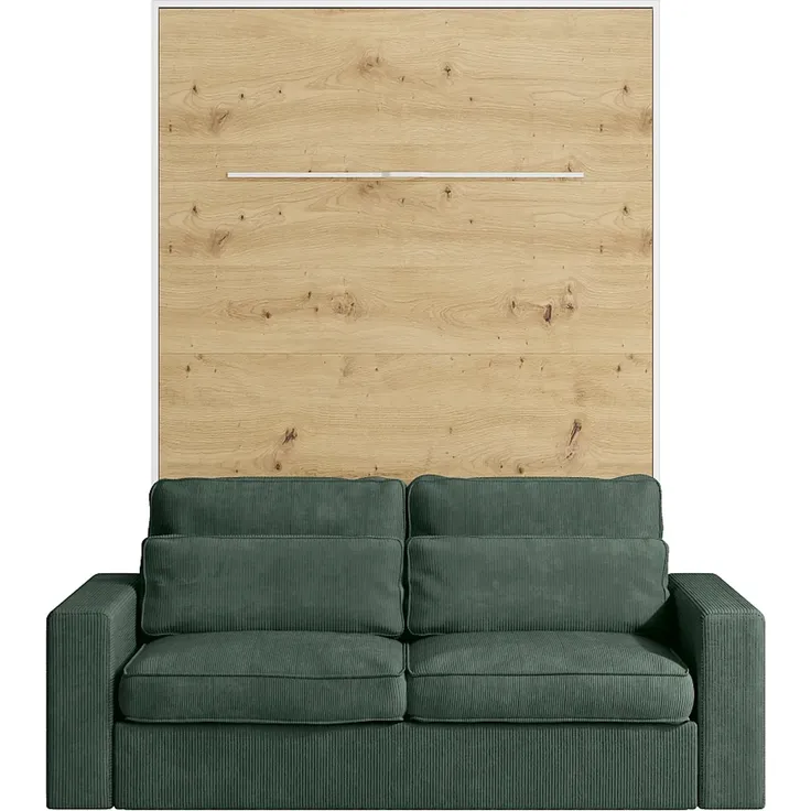 Vente-unique - Schrankbett 140 x 200 cm - Manuelle vertikale Öffnung - Mit LEDs - Weiß und Naturfarben + Matratze + Grünes Sofa - RAPILI – Bild 5