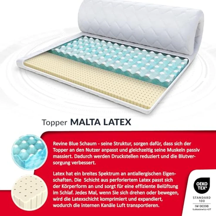 FDM Topper MALTA, Matratzenauflage 100x200 cm mit 8 cm Latex, antiallergischer Bezug H2 H4 – Bild 4