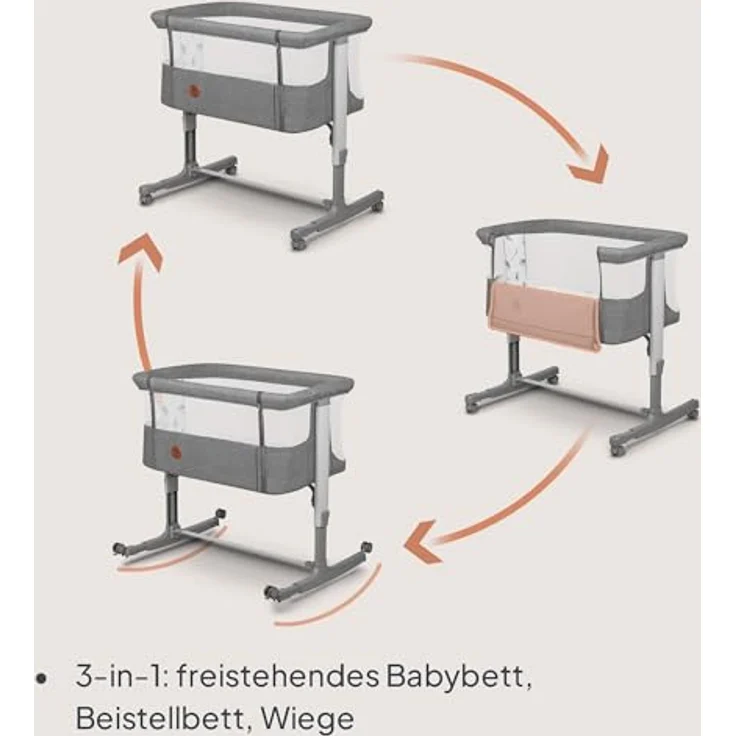 Lionelo Aurora 3 in 1 Babybett bis 9 kg, Beistellbett, Wiege, Höhenverstellug und Einstellung der Neigung der Matratze, 4 Räder mit Bremse Ergonomische Matratze Tasche – Bild 3