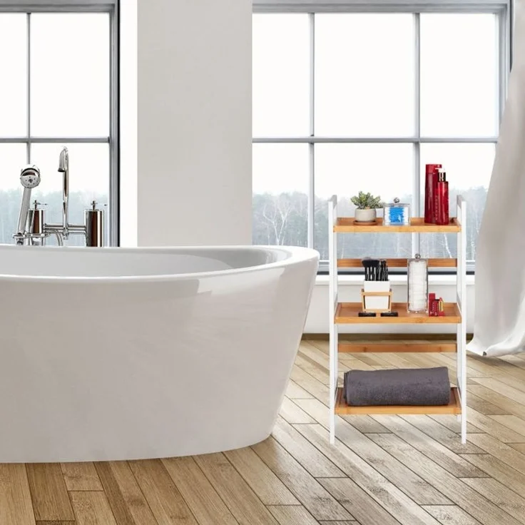 Relaxdays Badregal mit 3 Ablagen, Bambus weiß / natur, 45 x 31,5 x 80 cm – Bild 2